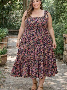 Gilli XXL Floral Tie Strap Midi Dress | Boho Cottagecore Smocked Back Pink Purpl